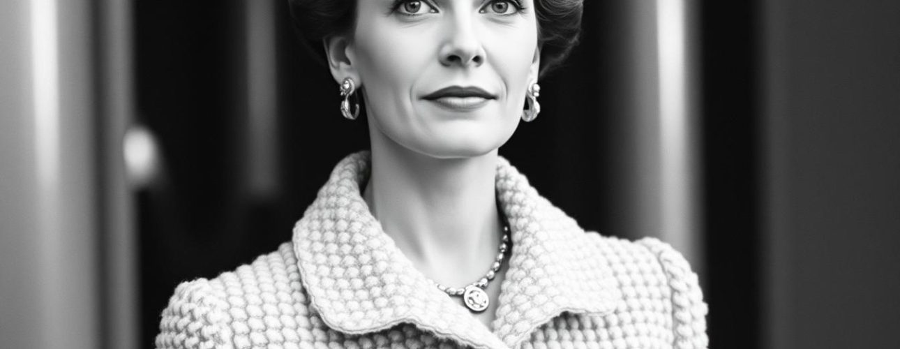 Zwart-wit afbeelding van een vrouw in een klassiek boucle jasje met een ketting en oorbellen.