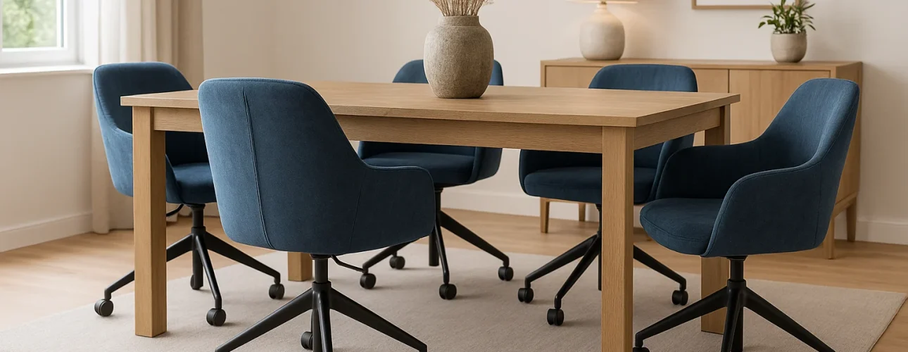 Een moderne eetkamer met een houten tafel omringd door vijf blauw gestoffeerde draaistoelen op wieltjes, die comfort en gemak bieden. Een vaas met pampagras vormt het middelpunt, aangevuld met een neutrale inrichting met onder andere een lamp en ingelijste kunst.