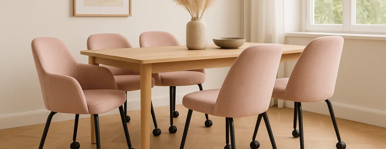 Een lichthouten eettafel omringd door vijf roze gestoffeerde stoelen met zwarte poten en wieltjes biedt comfort en gemak in een lichte kamer met een raam, beige gordijnen, muurkunst en een vaas met pampagras op tafel.