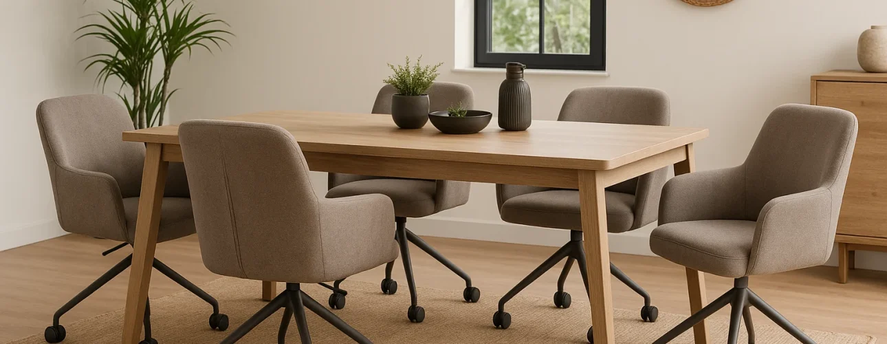 Een moderne eetkamer met een houten tafel omringd door vijf grijs gestoffeerde stoelen op wieltjes voor comfort en gemak, een potplant in de hoek, een raam en een ronde spiegel. Kleine vazen en schalen versieren de tafel.