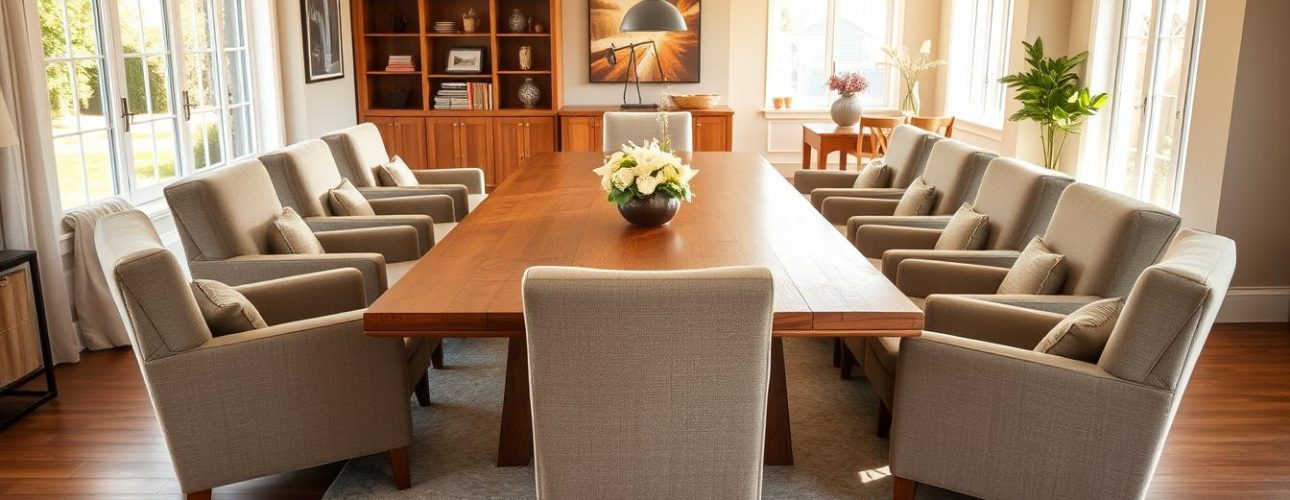 Een lange houten eettafel omringd door comfortabele eetkamerstoelen in een lichte ruimte.