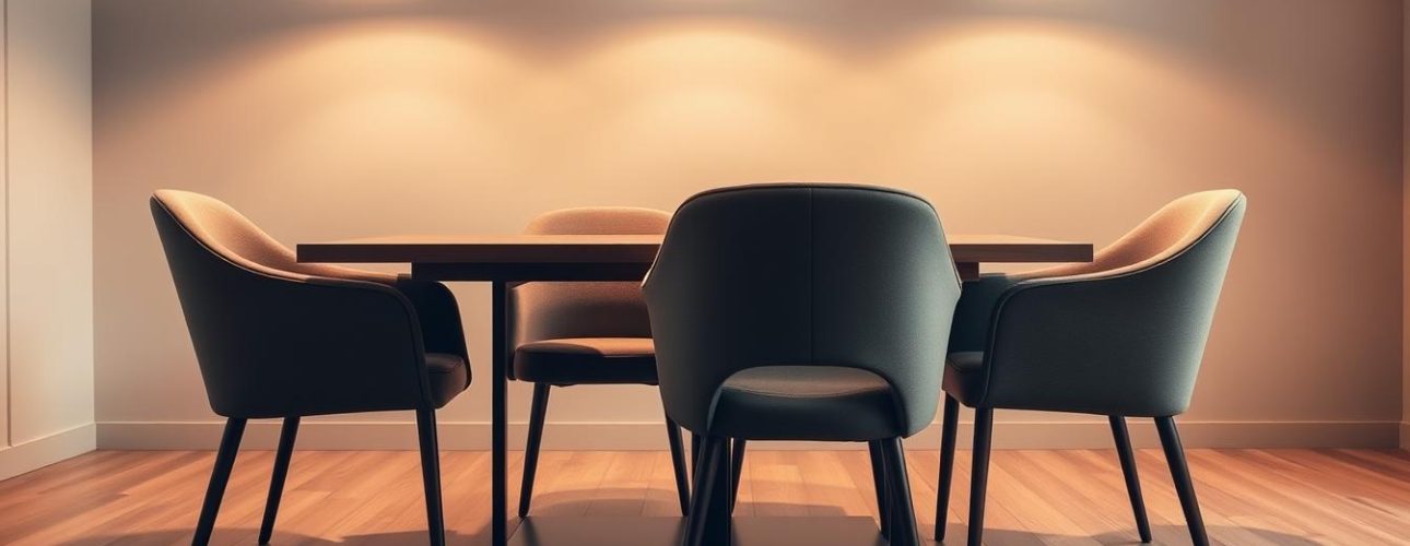 Een moderne eethoek heeft een donkere houten tafel omringd door vier stoelen met kussens en armleuningen op een houten vloer. Drie hanglampen hangen erboven, die een warme gloed op de muren werpen en het gezellige interieur versterken.