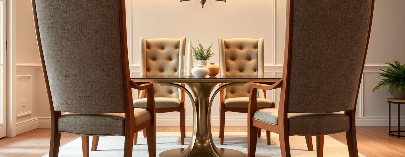 Set van comfortabele eetkamerstoelen met hoge rugleuning en een ronde tafel in een lichte ruimte.