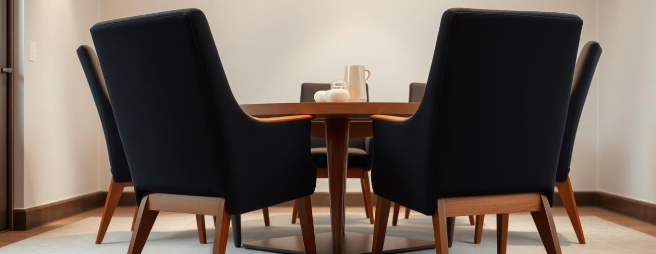 Zwarte, gestoffeerde eetkamerstoelen met houten poten rond een ronde tafel in een lichte ruimte.