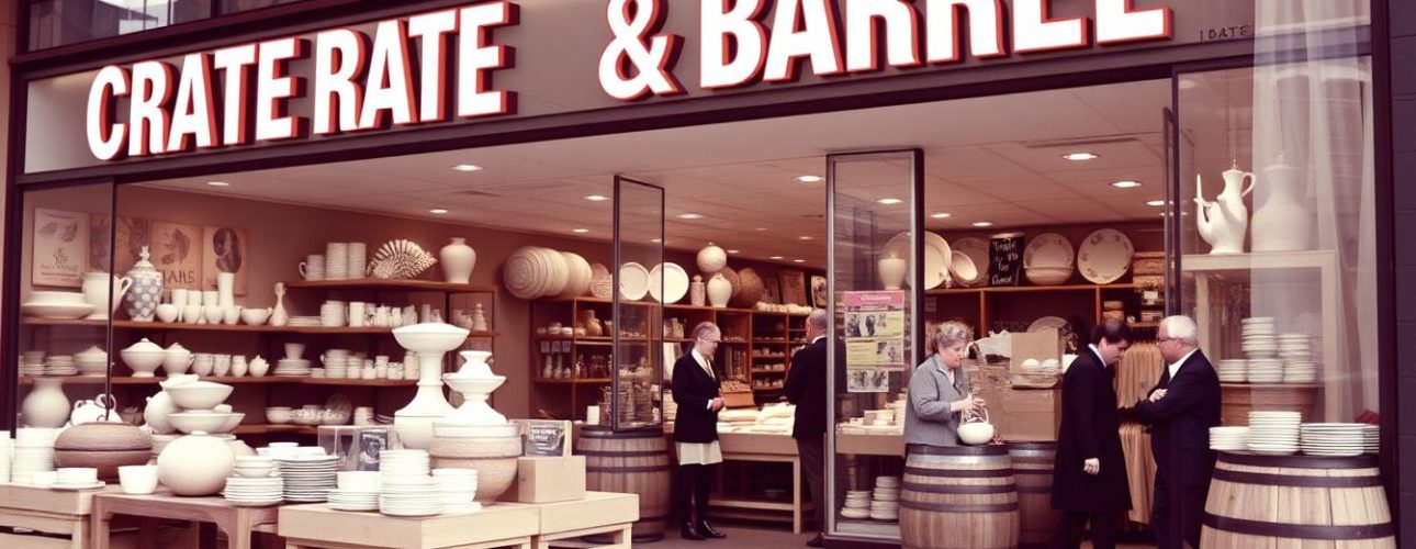 De eerste Crate and Barrel winkel in Chicago, waar producten werden uitgestald op kratten en vaten