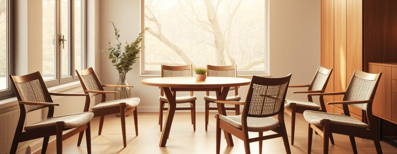 Zes Deense eetkamerstoelen met houten frames en geweven zittingen rond een ronde tafel in een lichte ruimte.