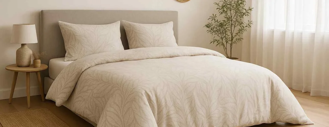 Beige slaapkamer met bed en zachte kussens. Is een harde of zachte stoel beter tegen rugpijn?