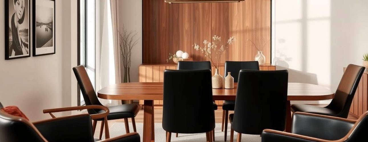 Zwarte eetkamerstoelen rondom een houten tafel in een lichte eetkamer.