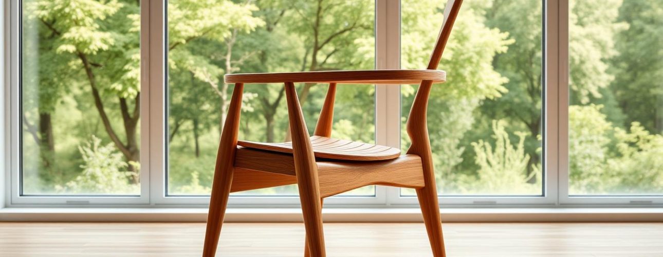 Een strakke, moderne eetkamerstoel staat op een hardhouten vloer voor grote ramen met uitzicht op een weelderig groen bos, waardoor er veel natuurlijk licht de kamer vult.