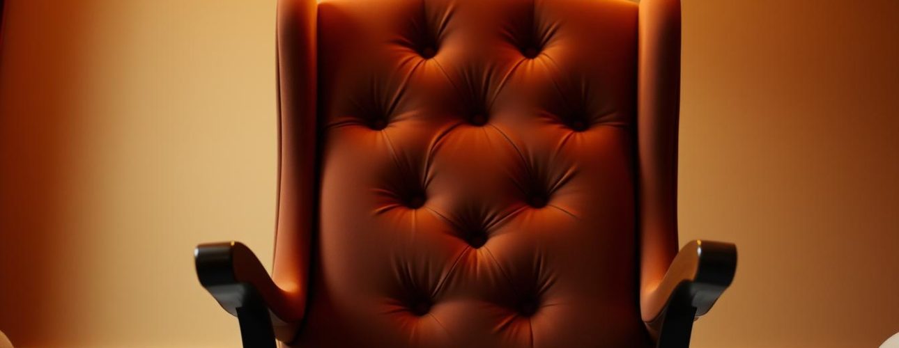 Een pluche, bruine leren eetkamerstoel met een gecapitonneerde rugleuning staat centraal in de afbeelding. Tegen een warme beige muur met witte lambrisering is het prachtig geïntegreerd in het elegante interieur, verlicht door zacht licht.