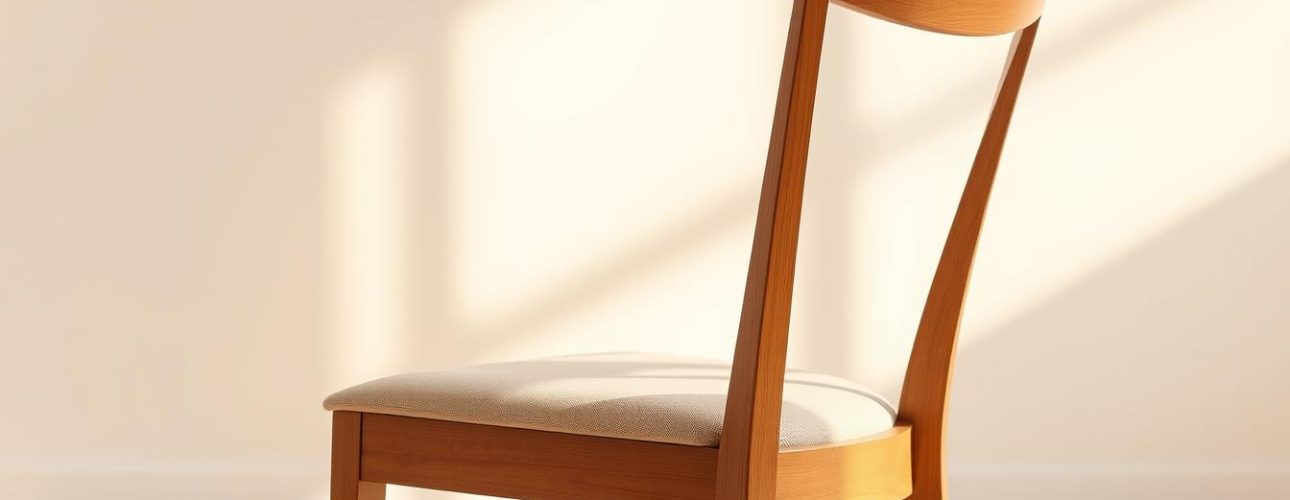 Een houten eetkamer_toel met een lichtgekleurde stoffen zitting is geplaatst tegen een zacht verlichte, neutrale achtergrond. Het zonlicht werpt zachte schaduwen op de muur, wat een warme en uitnodigende ambiance creëert.