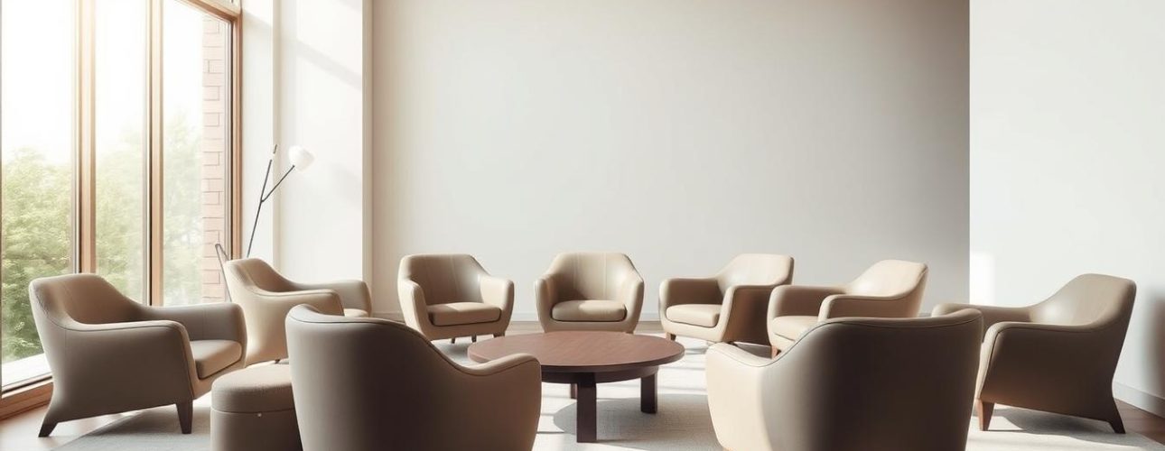 Een groep beige designstoelen rondom een ronde tafel in een lichte ruimte met grote ramen.