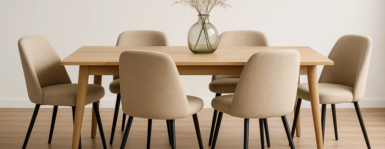 Een minimalistische eetkamer heeft een houten tafel omringd door zes beige gestoffeerde stoelen - dit zijn de voordelen van comfortabel zitten. Op de tafel rust een glazen vaas met gedroogde grassen op een lichte houten vloer tegen een effen witte muur.