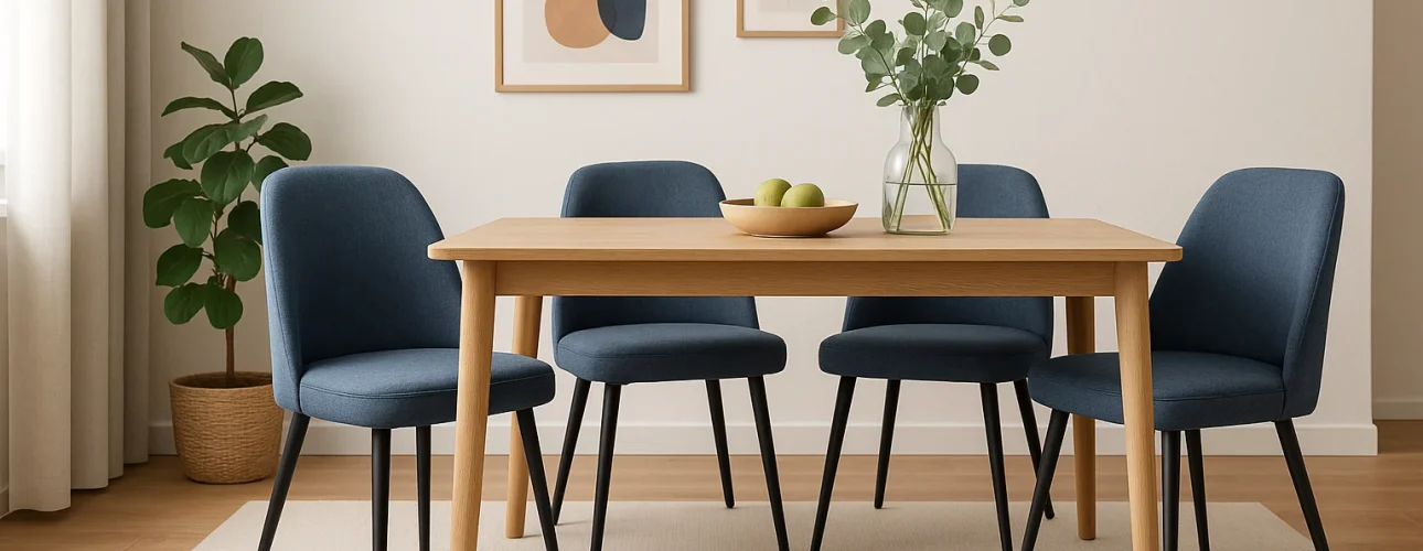 Moderne eetkamer met een houten tafel, vier blauw gestoffeerde stoelen - dit zijn de voordelen van comfortabele zitplaatsen - een vaas met groen, een schaal met appels, ingelijste abstracte kunst, een potplant en een neutraal vloerkleed op een houten vloer.