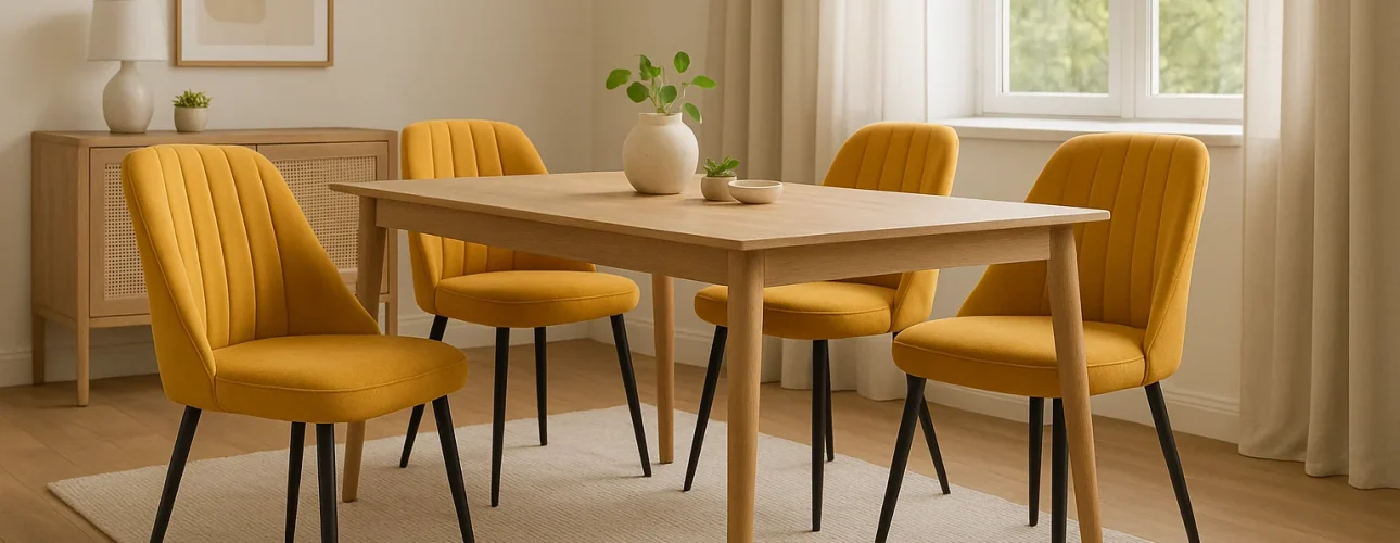 Een moderne eetkamer met een lichte houten tafel, vier gele gestoffeerde stoelen - dit zijn de voordelen van comfortabele zitplaatsen - een plant in pot op tafel, een dressoir met een lamp en ingelijste kunst en transparante gordijnen die natuurlijk licht binnenlaten.