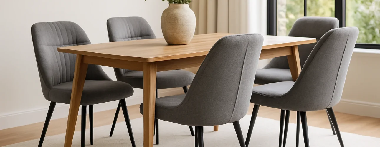 Een moderne eetkamer heeft een houten tafel met zes grijs gestoffeerde stoelen op een licht vloerkleed. Dit zijn de voordelen van comfortabele stoelen: ontspan in stijl terwijl je geniet van het uitzicht op groen door het grote raam.