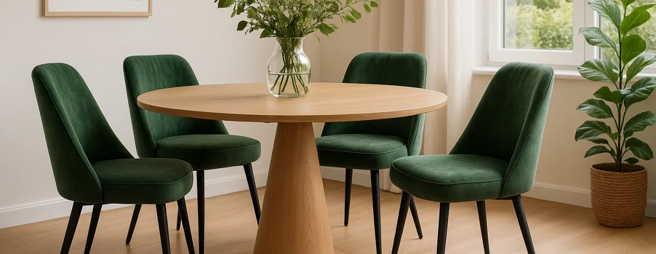 Een ronde houten eettafel met een glazen vaas met groen gebladerte wordt omringd door vier comfortabele groene gestoffeerde stoelen. Dit zijn de voordelen van comfortabele groene stoelen: stijlvol, uitnodigend en perfect voor een gezellige eetkamer met licht hout en planten.