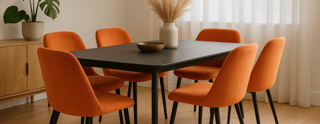 Een moderne eetkamer met een zwarte rechthoekige tafel, zes oranje gestoffeerde stoelen - perfect voor wie zich afvraagt "Hoe kies je de juiste oranje eetkamerstoelen" - een beige vaas met pampagras, houten vloeren, lichte gordijnen en een minimalistische inrichting.