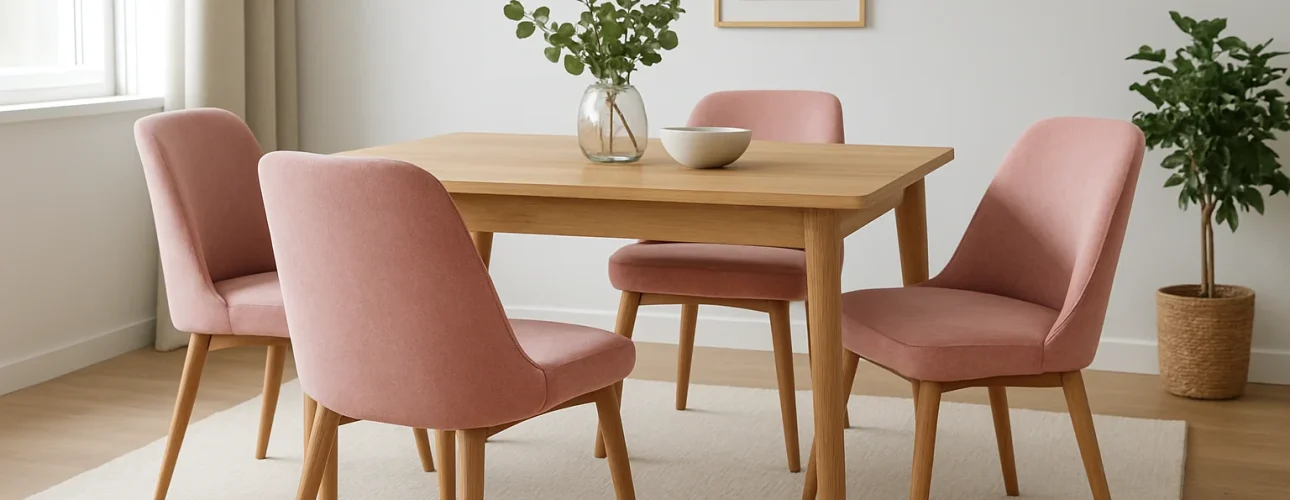 Een moderne eetkamer met een houten tafel, vier roze gestoffeerde stoelen - dit zijn de voordelen van comfortabele zitplekken - een vaas met groen gebladerte, een schaal op tafel, abstracte kunstwerken en een potplant op een licht vloerkleed.