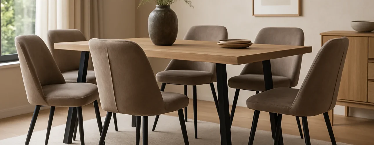Een moderne eetkamer met een houten tafel, zes bruine stoelen met kussens, een grote vaas met groene bladeren, neutrale muren en natuurlijk licht door het raam-dit zijn de voordelen van stijlvol en comfortabel wonen.