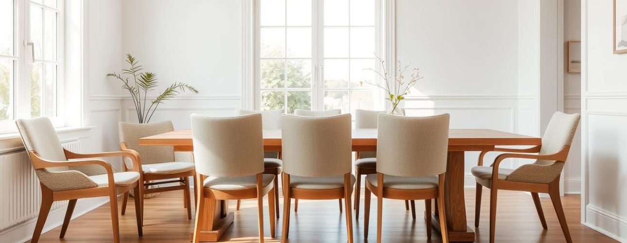 Diverse eetkamerstoelen hout met stof in een moderne eetkamer setting