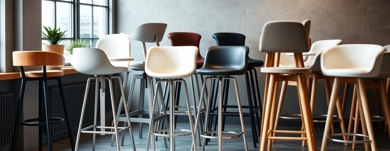 Een verzameling hoge stoelen en barkrukken in verschillende kleuren en stijlen in een moderne ruimte.