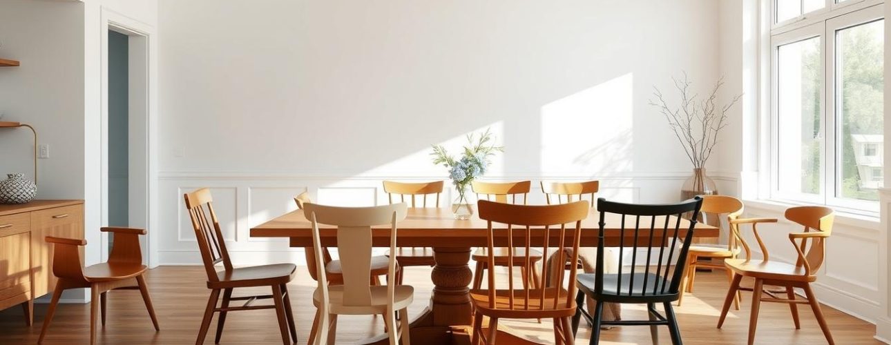 Diverse houten stoelen eetkamer in een lichte, moderne eetkamer