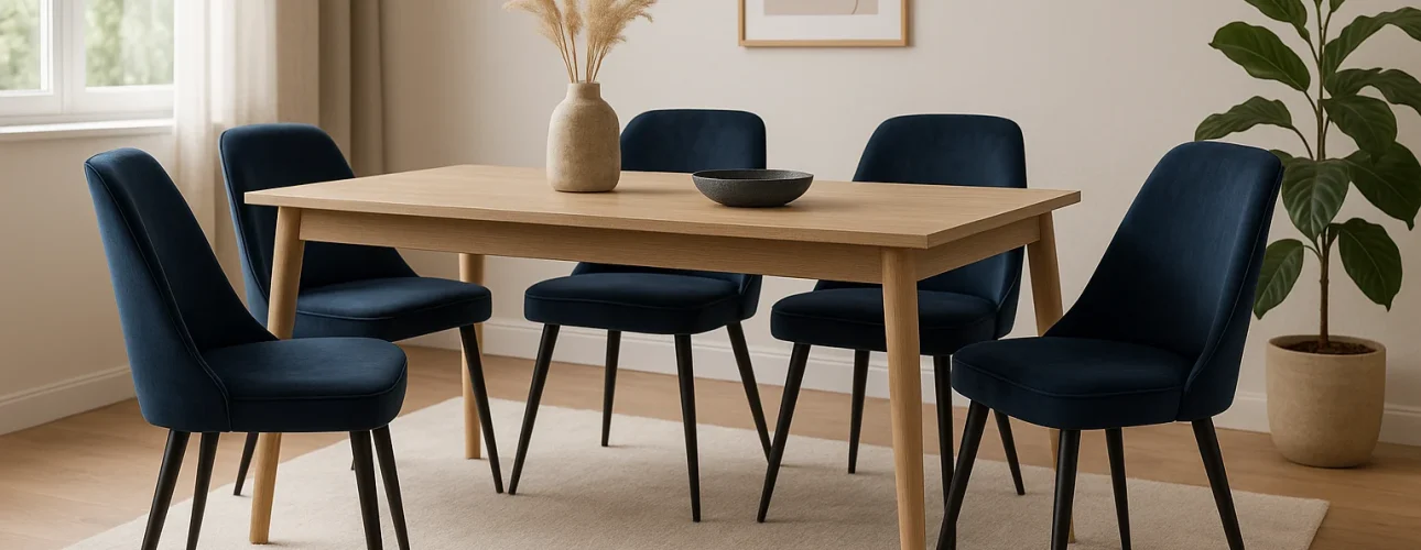 Een moderne eetkamer met een houten tafel, zes donkerblauwe eetkamerstoelen, een beige vloerkleed, een vaas met pampagras, een zwarte schaal, ingelijste abstracte kunstwerken aan de muur en een potplant in de hoek.
