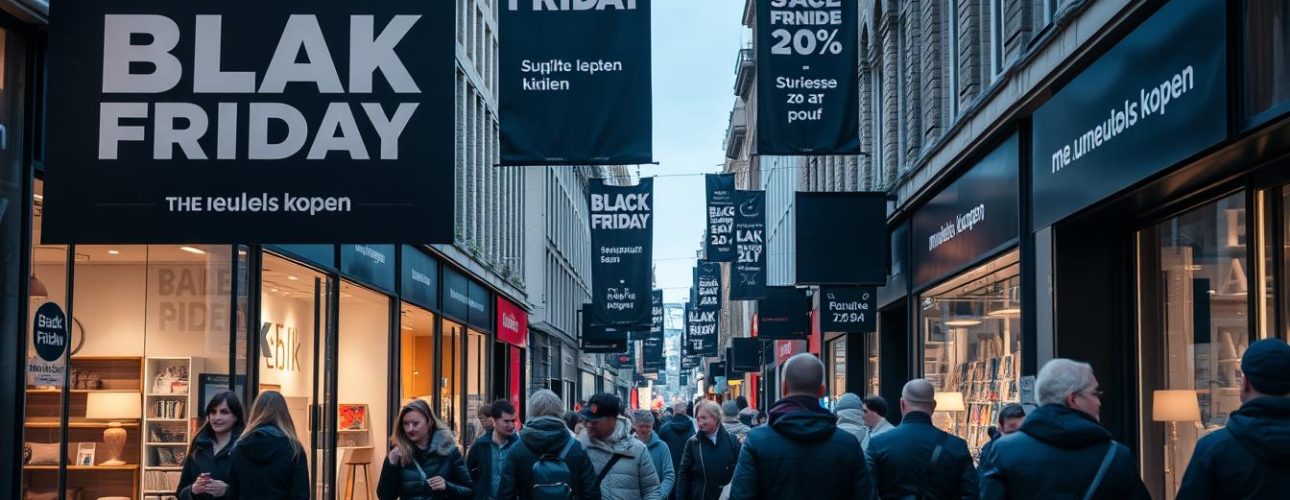 Drukke Nederlandse winkelstraat tijdens Black Friday met meubels kopen advertenties