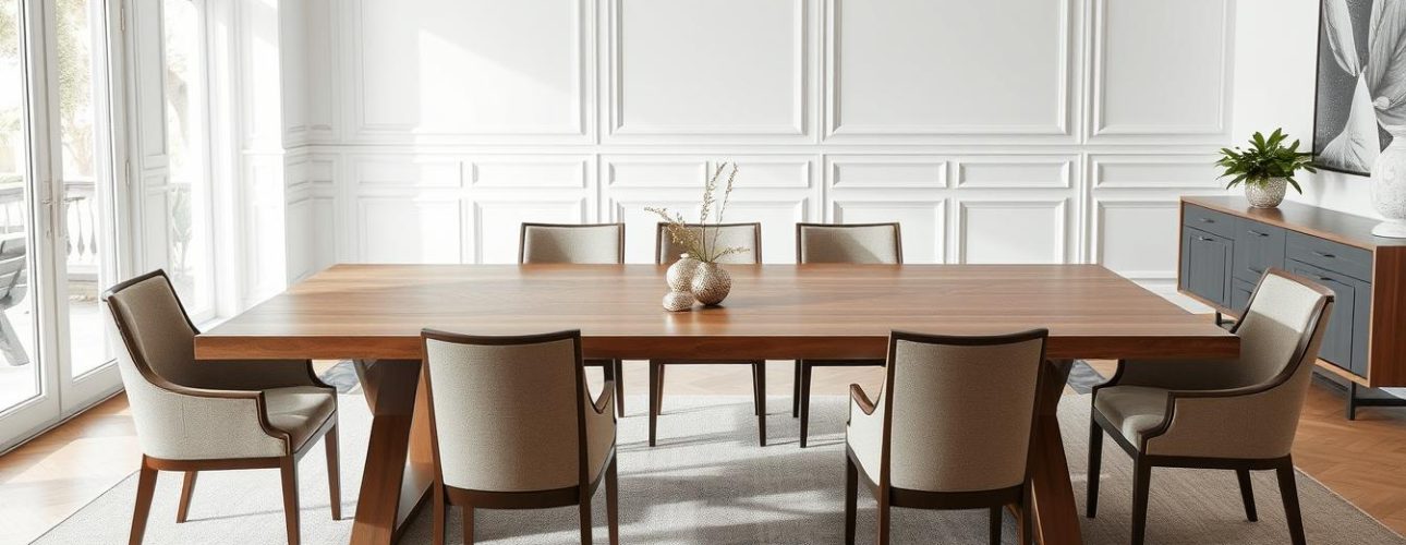 Een elegante rechthoekige eettafel van 260 cm met stoelen eromheen in een lichte eetkamer