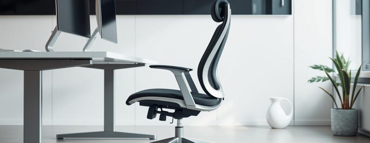 Een ergonomisch ingerichte werkplek met een bureaustoel met wieltjes