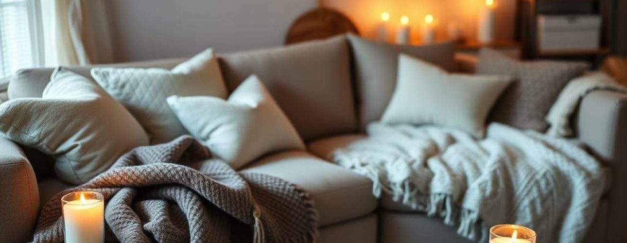 Een-gezellige-Scandinavische-woonkamer-met-kaarsen-een-comfortabele-bank-en-warme-dekens-die Een gezellige Scandinavische woonkamer met kaarsen, een comfortabele bank en warme dekens die de hygge-sfeer typisch Scandinavisch illustreren