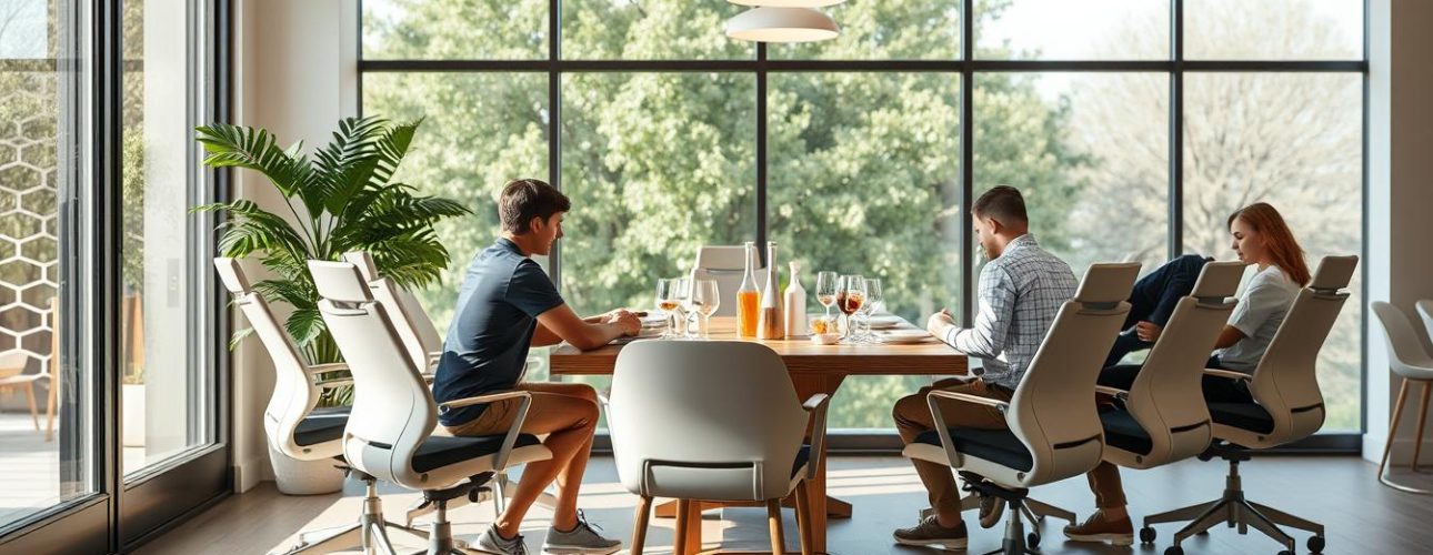 Een moderne eetkamer met ergonomische eetkamerstoelen rond een houten tafel