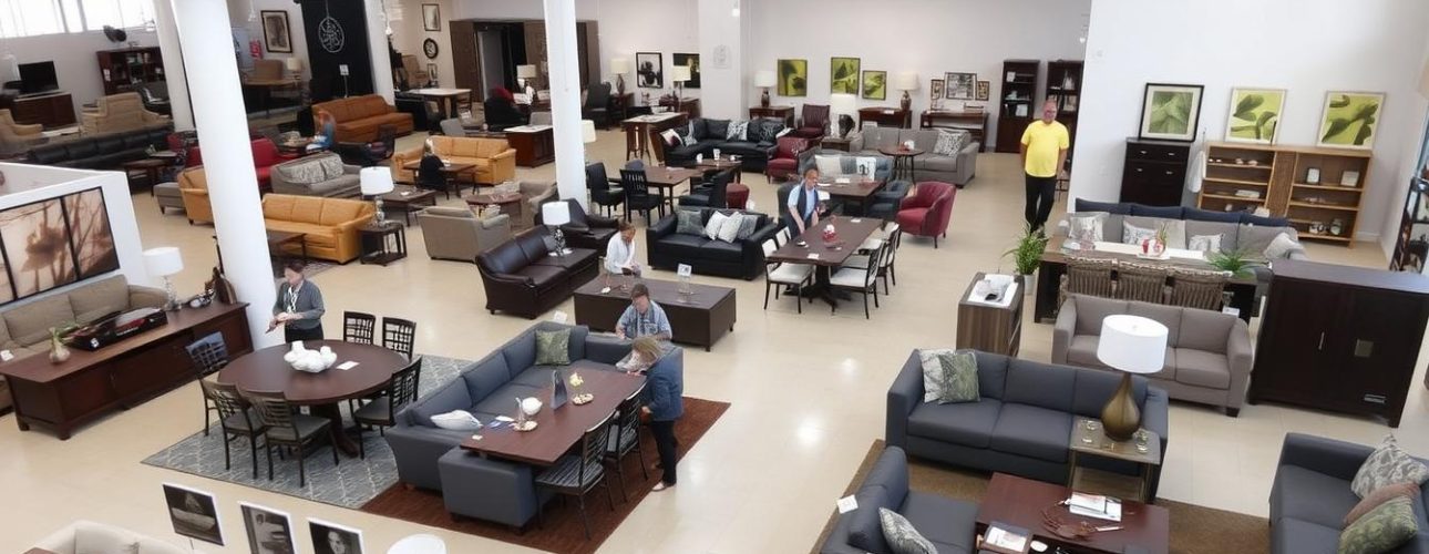 Een moderne showroom van een meubelwinkel met verschillende meubels en woonaccessoires