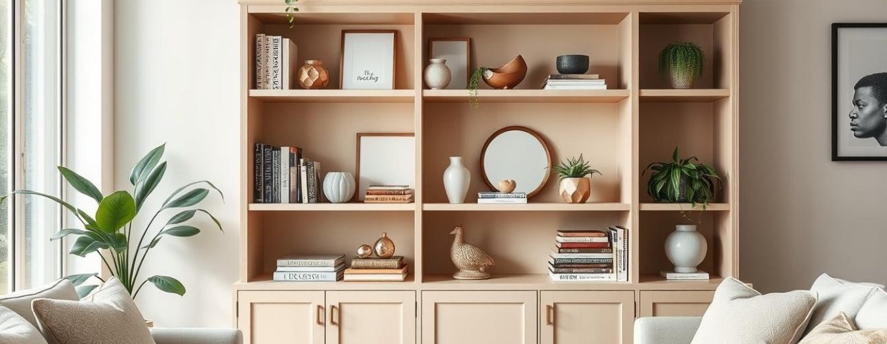 Een stijlvol ingerichte open kast met perfect uitgebalanceerde decoratie-items en boeken