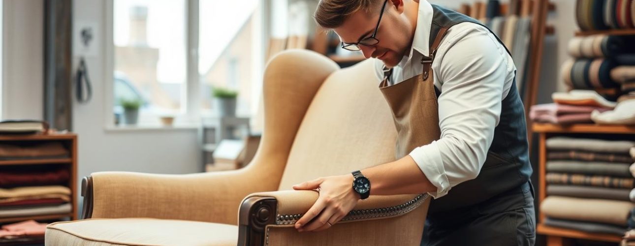 Een stoffeerder bezig met het bekleden van een klassieke fauteuil