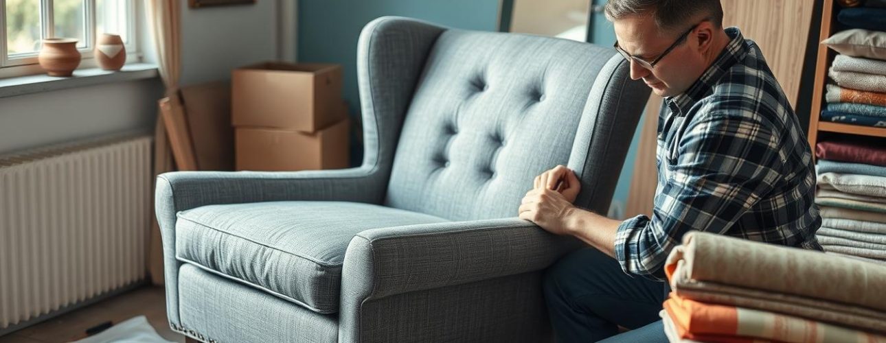 Een-woonkamerstoel-die-opnieuw-wordt-bekleed-door-een-vakman Een woonkamerstoel die opnieuw wordt bekleed door een vakman