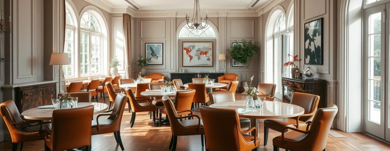 Eetkamer met bruine stoelen en ronde tafels in verschillende kleuren, met grote ramen en kunst aan de muren.