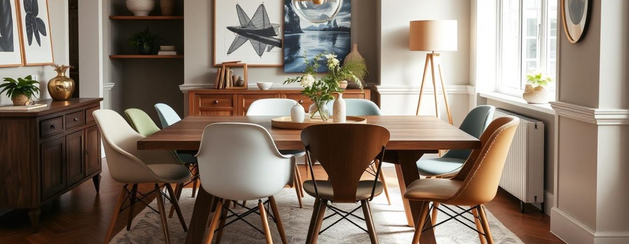 Eetkamer met verschillende eetkamerstoelen rond een houten tafel