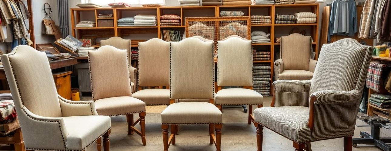 Eetkamerstoelen in verschillende stadia van het opnieuw bekleden proces