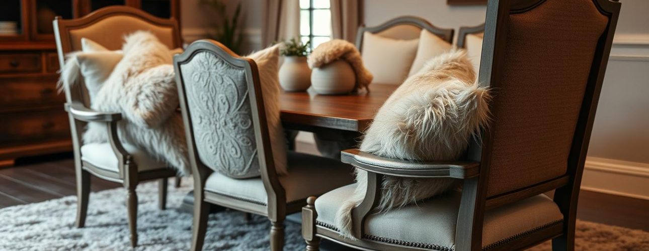 Eetkamerstoelen met extra kussens in een lichte, neutrale stijl rondom een houten tafel.