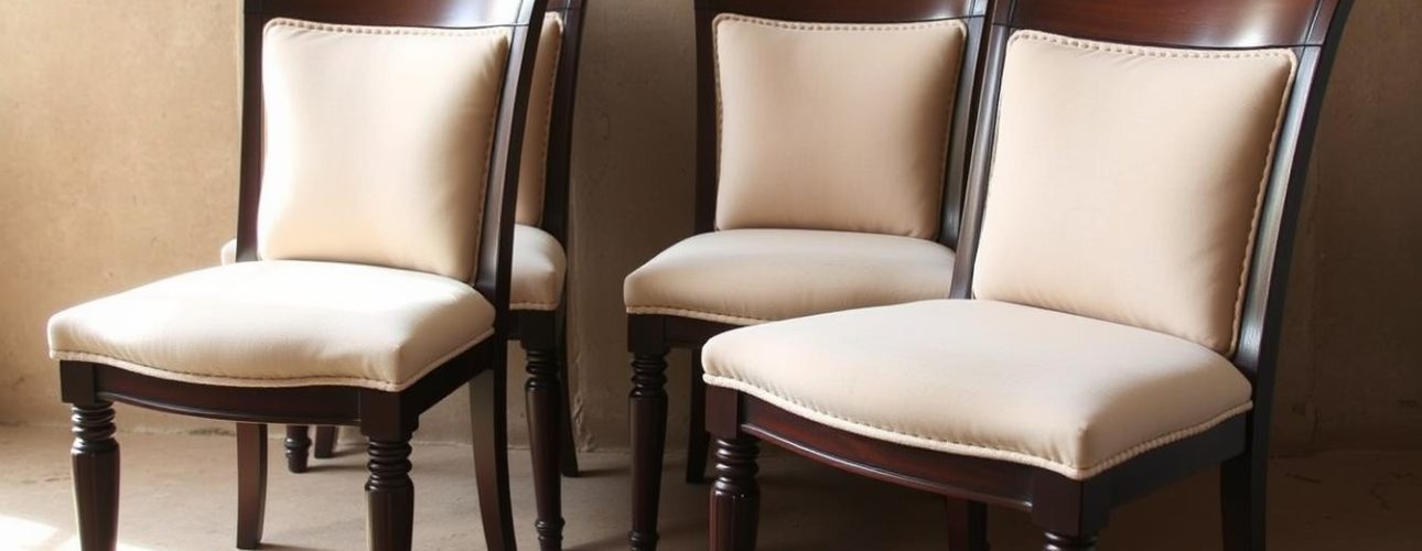 Set van vier tweedehands eetkamerstoelen met houten frames en beige kussens.