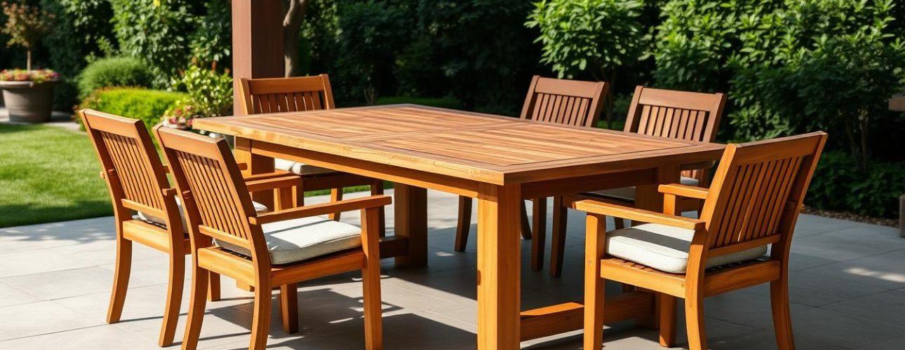 Eettafel buiten in een verzorgde tuin met stoelen eromheen