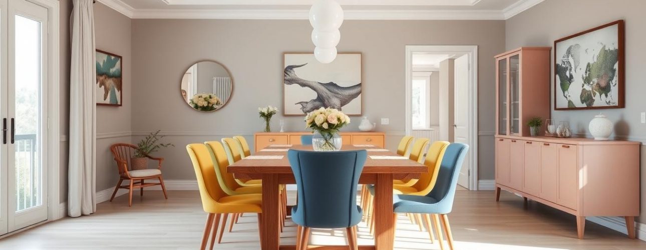 Eiken tafel met verschillende kleur stoelen in een harmonieuze eetkamer
