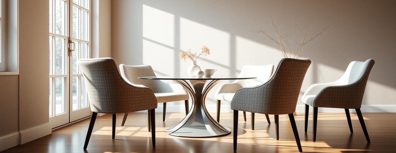 Elegant bouclé dining chairs arranged in a cozy, well-lit room. Soft, textured fabric in muted tones invites touch, complemented by sleek, modern lines. Gentle cross-lighting from large windows casts warm, diffused illumination, highlighting the chair's refined silhouettes. The harmonious composition showcases the chairs' versatility, blending seamlessly into a sophisticated, minimalist interior. Subtle reflections on a polished hardwood floor complete the serene, inviting atmosphere.