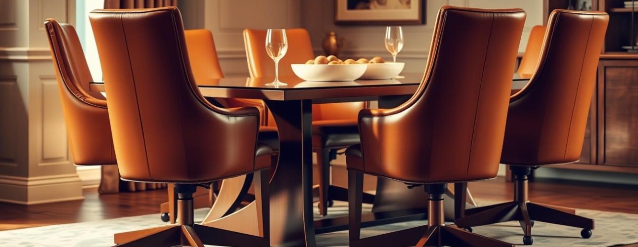 Een eetkamer met zes cognac eetkamerstoelen wieltjes rond een donkere houten tafel, gedekt met wijnglazen en een schaal met fruit. Warme verlichting, houten vloeren en een ingelijste foto versterken het gezellige, elegante interieur.