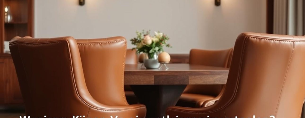 Een eetkamer met cognac eetkamerstoelen leer rond een houten tafel, een vaas met bloemen in het midden, wandlampen en tekst in een onleesbare taal onderaan.