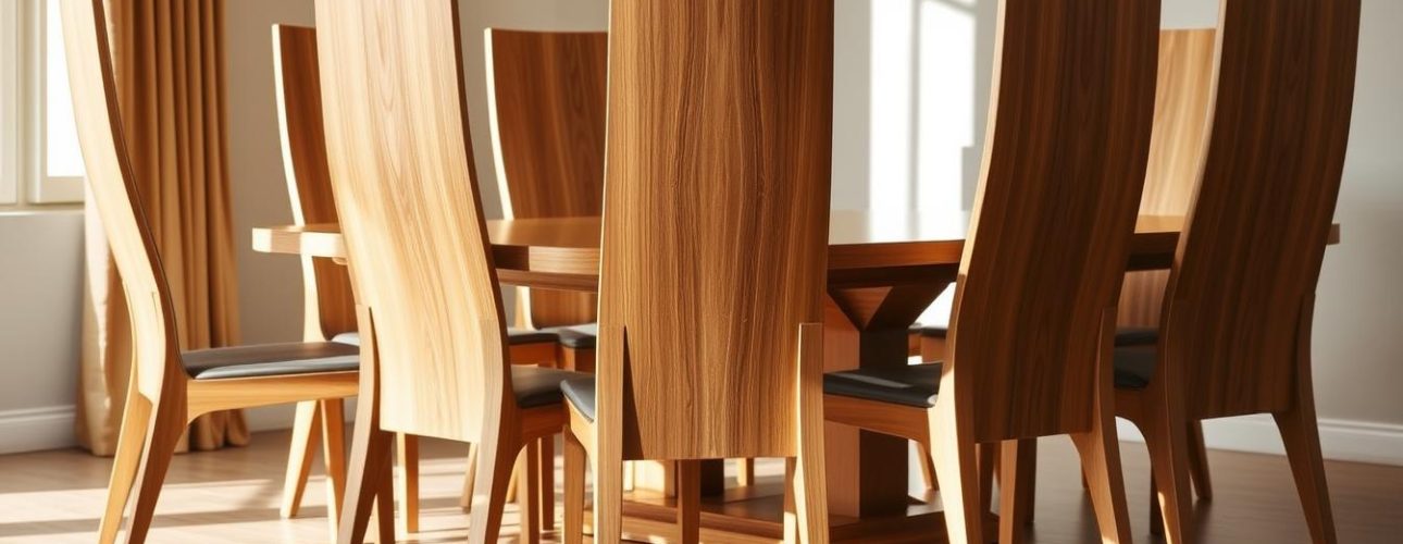Elegant-wooden-dining-chairs-masterfully-crafted-with-a-modern-minimalist-design.-An-array-of Elegant wooden dining chairs, masterfully crafted with a modern, minimalist design. An array of sleek, high-backed chairs in a warm, natural wood tone, arranged in a cozy, well-lit dining room setting. Soft, directional lighting casts subtle shadows, accentuating the clean lines and gentle curves of the chairs. The chairs are positioned around a simple, rectangular dining table, creating a harmonious, inviting atmosphere. The overall scene exudes a sense of refined sophistication and timeless style, perfectly capturing the essence of the best design for wooden dining chairs.