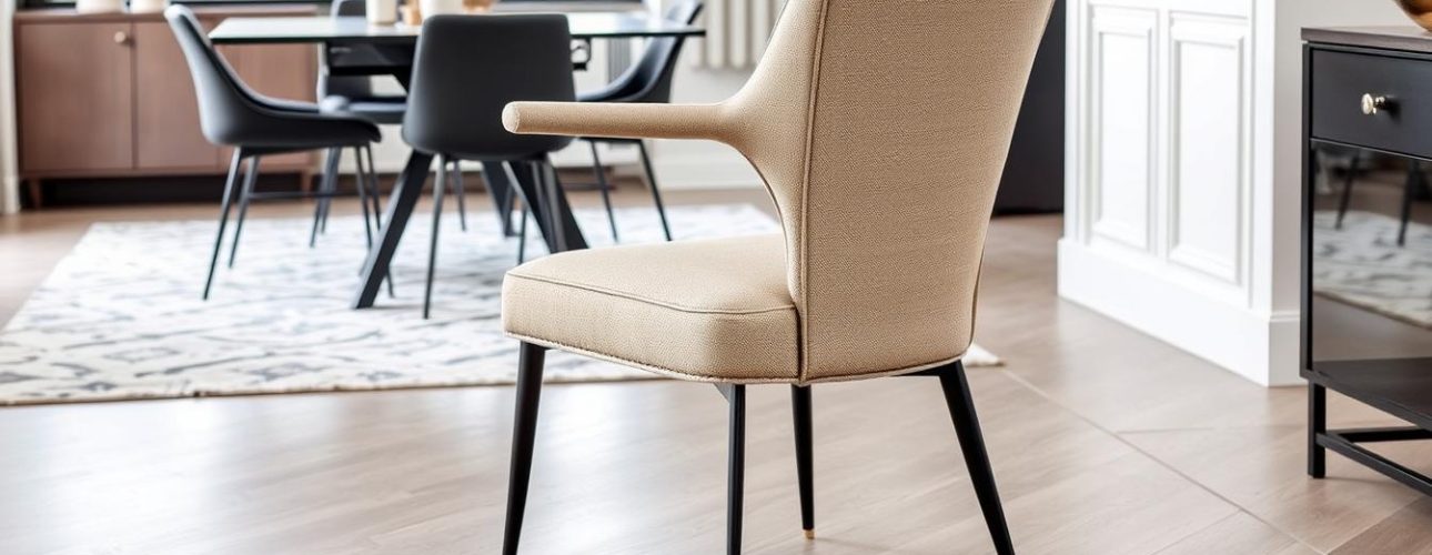 Een beige carver eetkamerstoel met zwarte poten in een moderne eetkameromgeving.