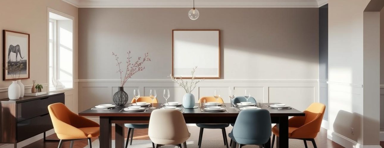 Elegante eetkamer met donkerbruine tafel en verschillende kleur eetkamerstoelen die harmonie tonen